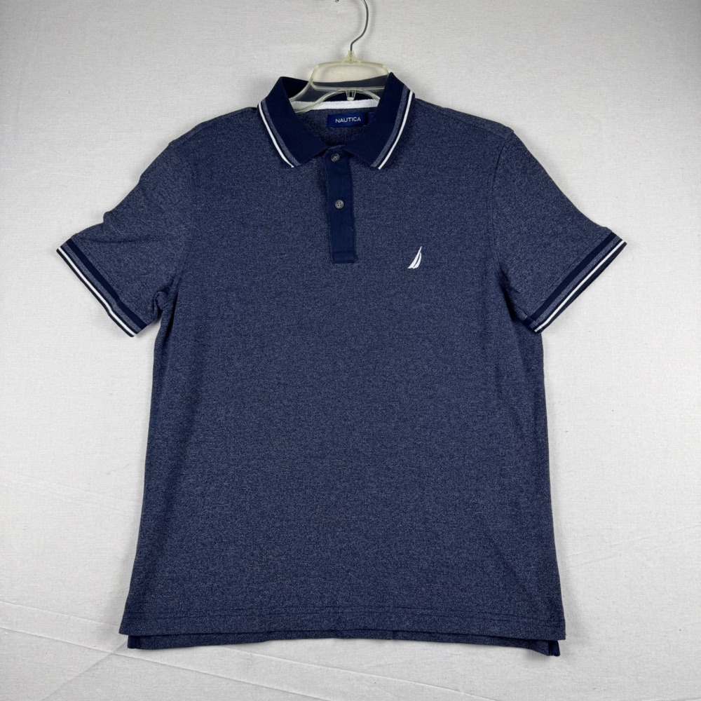 Nautica Mens Blue Heathered Short Sleeve Polo Shirt Size M Logo Tipped Collar